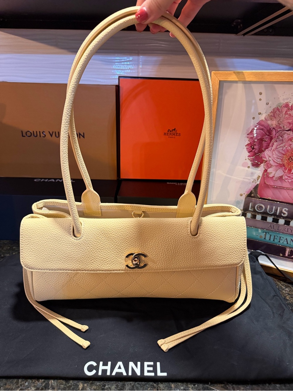 C Pale Daffodil Grained Calfskin Stitched Urban Essentials Shopping Bag